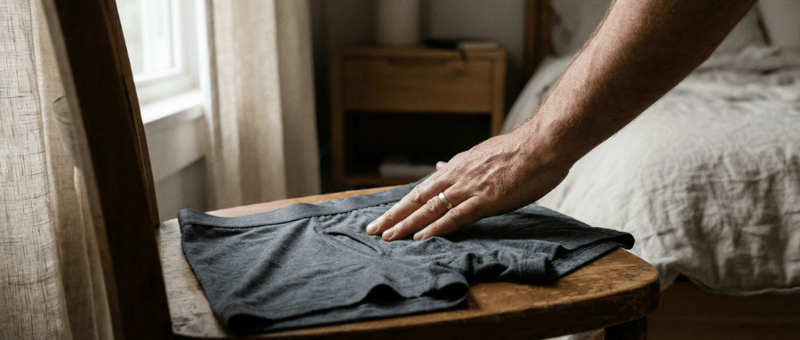 A hand resting on a pair of men's underwear, symbolizing everyday products, consumer choices, and the relationship between quality, branding, and trust.