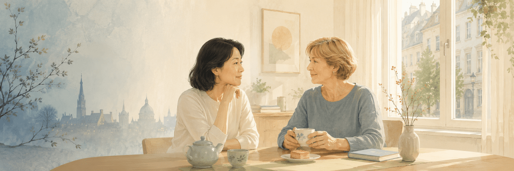 A soft illustration of a Chinese daughter-in-law and her German mother-in-law sitting together over tea in a bright European home, suggesting cross-cultural understanding and softened family tension.