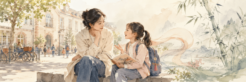 A Chinese mother and her daughter speaking together outside a German school, surrounded by subtle Chinese cultural elements that symbolize language, identity, and cultural continuity.