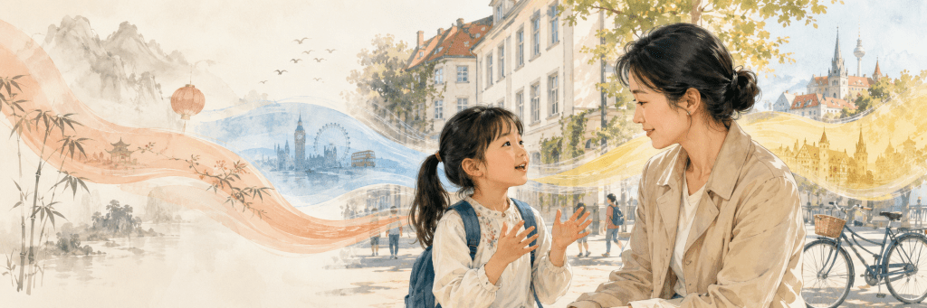 An East Asian mother and her daughter talking outside a European school, surrounded by flowing visual elements representing Chinese, English, and German as naturally connected language worlds.