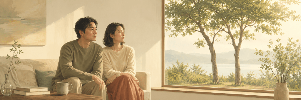 An East Asian couple sitting quietly together in a sunlit living room, looking toward two trees outside the window, symbolizing love, mutual support, and the ability to remain strong as individuals.