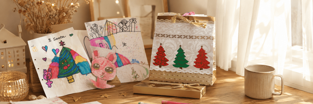 Children’s handmade Christmas drawings and a festive gift bag arranged on a wooden table in warm winter light, reflecting a quiet family Christmas Eve without a traditional tree.