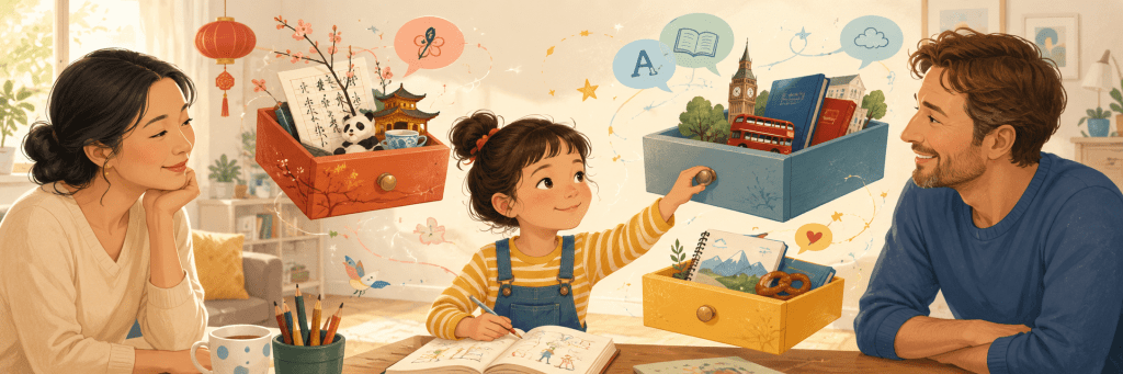 A multilingual family at home as a child opens floating drawers filled with Chinese, English, and German language and cultural symbols.