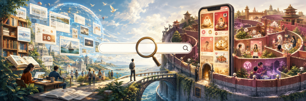 A wide conceptual illustration contrasting an open web and search-based internet on the left with a closed, app-centered platform ecosystem on the right, connected by a large search bar and magnifying glass.