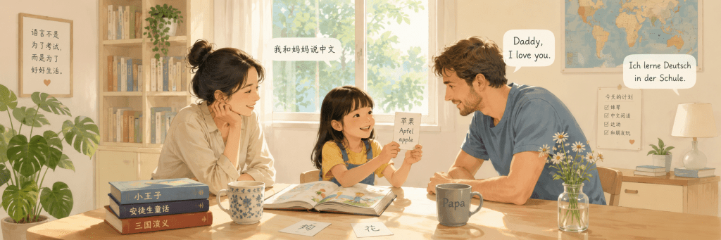 A multilingual family where a mother speaks Chinese, a father speaks English, and their daughter grows up using three languages in everyday life.