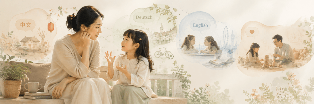 A mother and daughter talking in a bright, gentle setting, surrounded by symbols of Chinese, German, and English in family life.