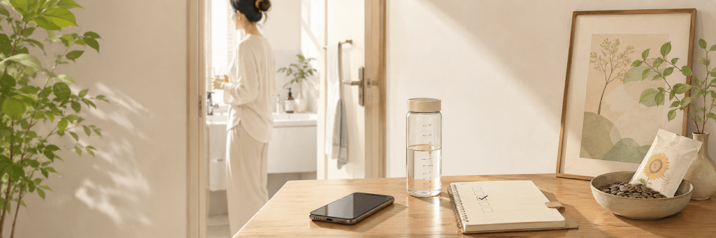 A warm, minimalist home scene showing a woman near a bathroom doorway, with a phone left on a wooden table beside a water bottle, a notebook checklist, and a bowl of sunflower seeds.