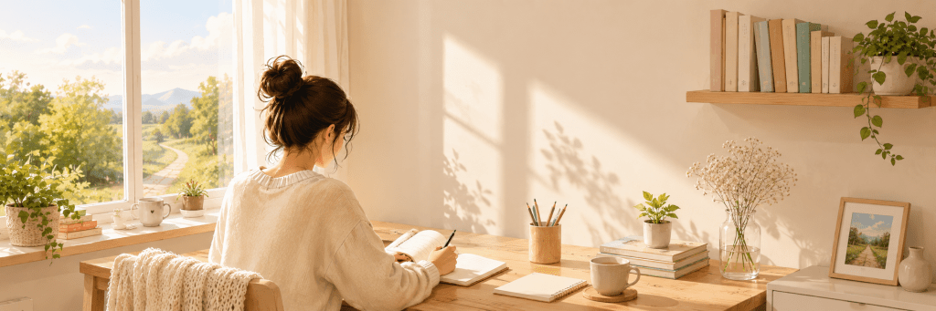 A woman writing at a sunlit desk during a quiet moment of reflection, symbolizing personal growth, long-term thinking, and the journey of rebuilding through writing.