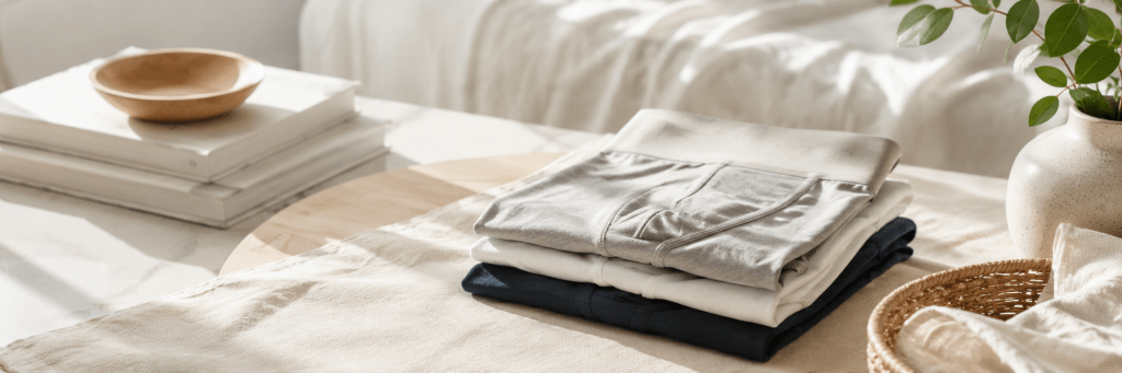 Folded basic clothing in a bright, minimalist home, symbolizing quality, trust, and brand value beyond price.