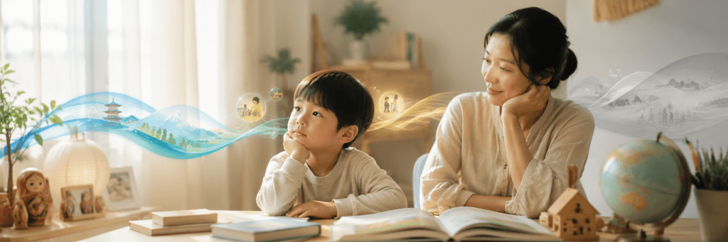 A mother and child reading together as two flowing visual paths symbolize the development and preservation of two languages.