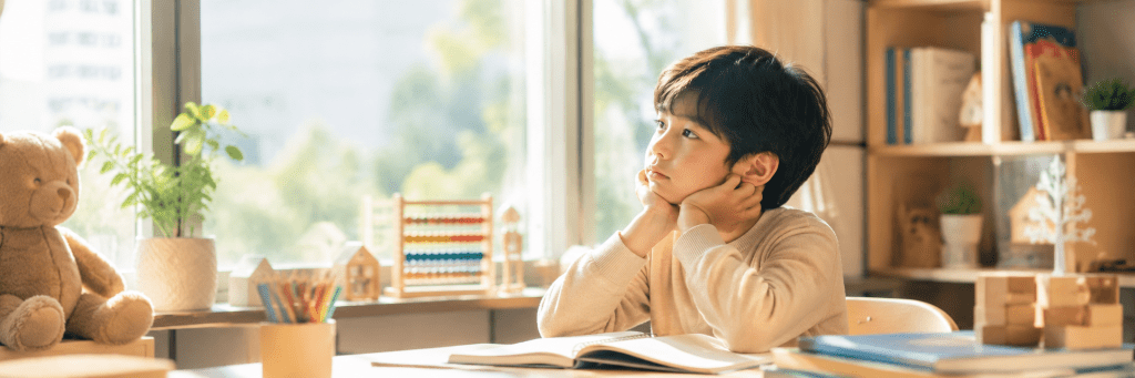 Thoughtful child sitting at a desk, symbolizing giftedness, deep thinking, and emotional sensitivity