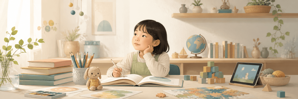 A school-age girl sits at a bright desk with an open book, art supplies, a crocheted toy, building blocks, a puzzle, yarn, and a tablet, reflecting different ways of learning and concentrating.