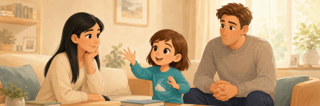 A warm 2D illustration of a family sitting together in a cozy living room, with a little girl speaking animatedly while her mother and father listen attentively.