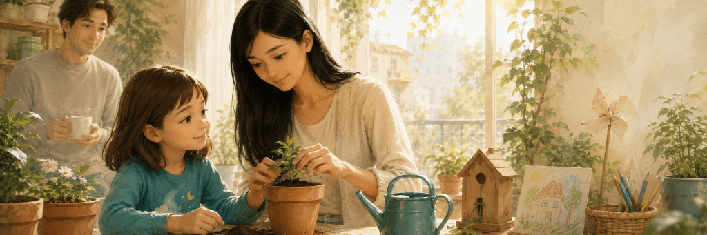 A mother and daughter tend a small plant together in a sunlit home while the father watches warmly in the background.