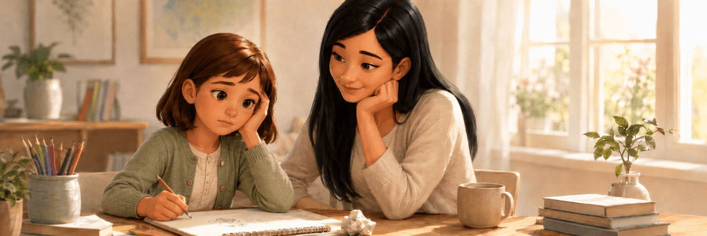 A mother sits beside her daughter as the girl works on a drawing at a sunlit table, with colored pencils, books, and a crumpled sheet of paper nearby.