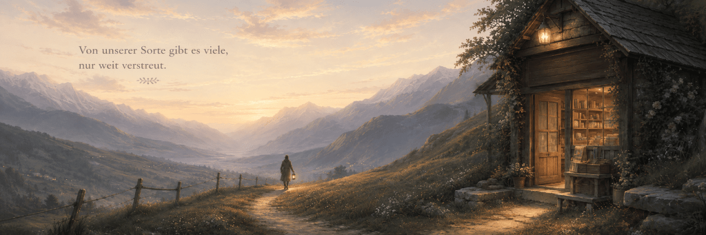 A warm, healing-style mountain scene with a small lit shop in the hills, a winding path, and a distant figure carrying a lantern.