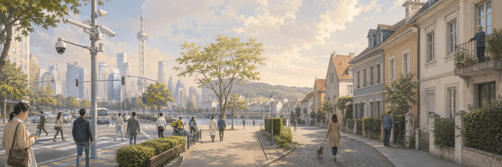 A panoramic illustration contrasting a modern Chinese city with visible surveillance cameras and a quiet German residential street, symbolizing different views of safety and privacy.