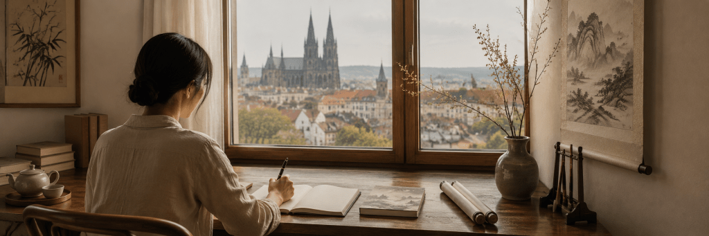 A Chinese woman writing at a quiet desk by a window in Germany, representing a personal essay website about Chinese ways of seeing family, culture, and life between China and Germany.