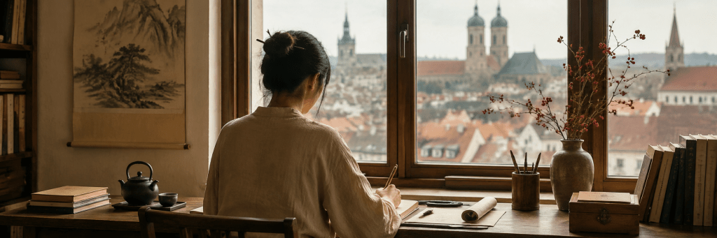 Eine chinesische Autorin schreibt an einem ruhigen Arbeitsplatz am Fenster, mit Blick über eine deutsche Stadt.