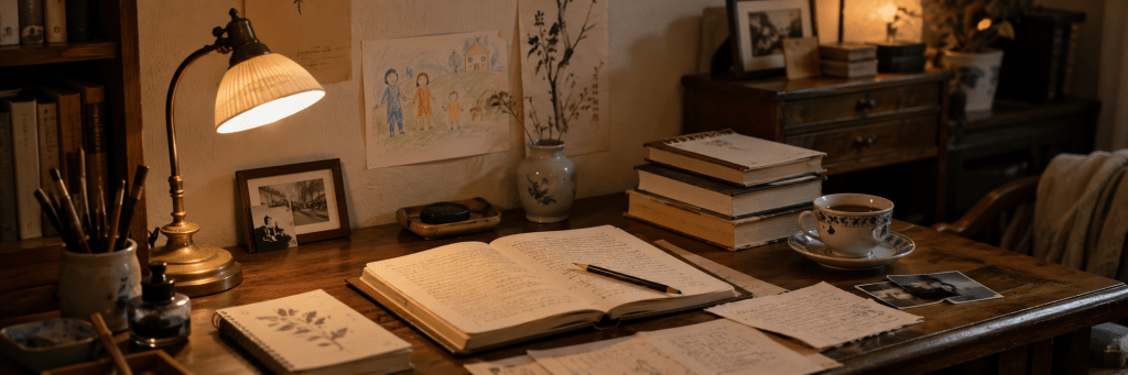 A warm and quiet wooden writing desk with an open handwritten notebook, books, a cup of tea, a desk lamp, and a child’s drawing, representing writing, lived experience, and the way theory becomes meaningful through life.