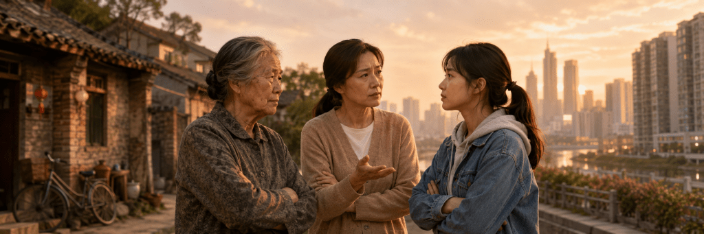 Three generations of Chinese women — grandmother, mother, and granddaughter — in conversation against a changing Chinese backdrop, symbolizing family tension, memory, and social transformation.
