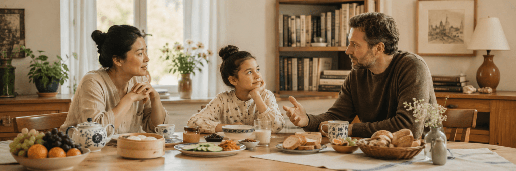A Chinese mother, a Western father, and their daughter having breakfast together at a warm family table with both Chinese and European foods, symbolizing cross-cultural conversation and the different everyday experiences behind what people call common sense.