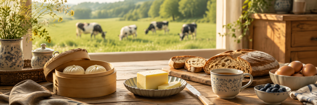 A warm kitchen table with butter, bread, Chinese steamed buns, and cows grazing outside the window, symbolizing the difference between having cows and having butter as part of everyday food culture.