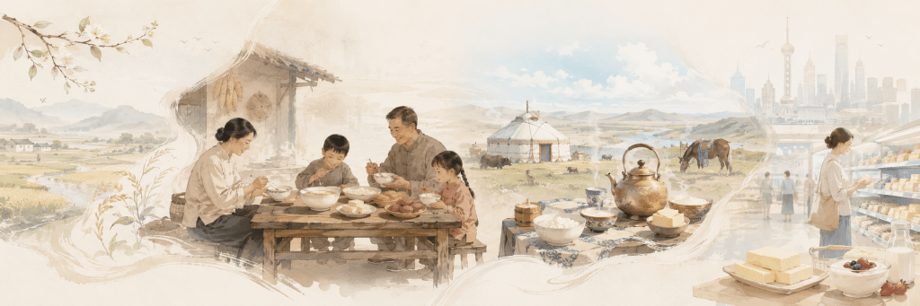 A soft panoramic illustration showing different Chinese food cultures across time and regions, from a rural family table to pastoral dairy traditions and a modern supermarket.