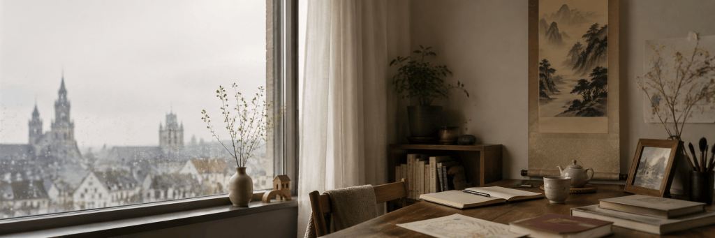 A quiet writing room in Germany with books, tea, and Chinese cultural elements, representing essays about Chinese ways of seeing the world.