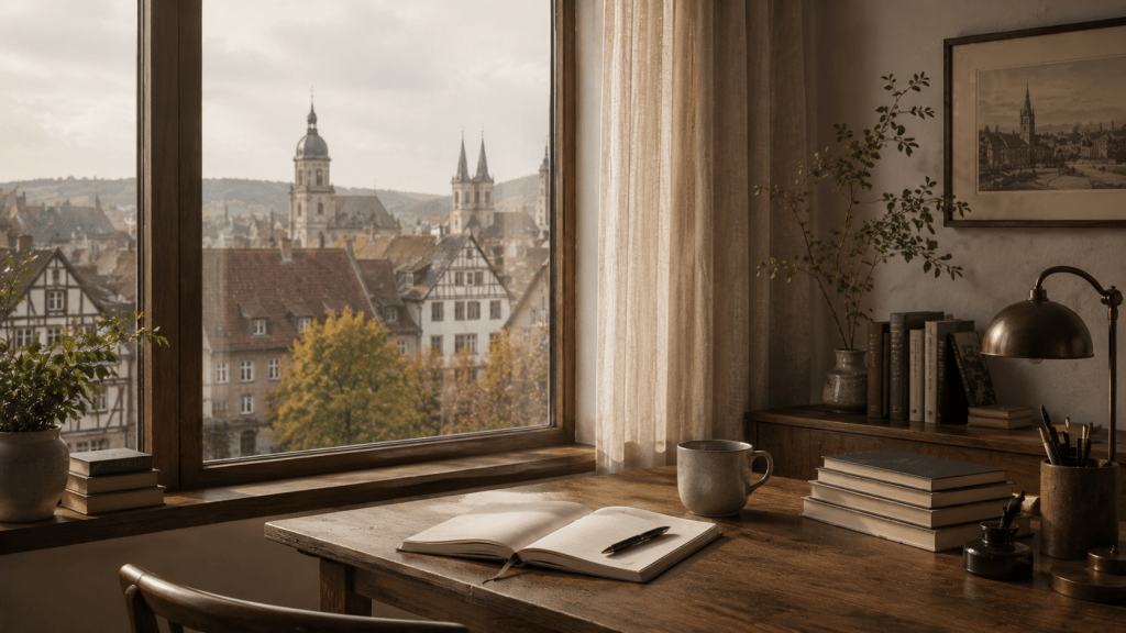 A quiet writing desk by a window overlooking a German city, representing German essays about Chinese ways of seeing family, culture, and life between China and Germany.