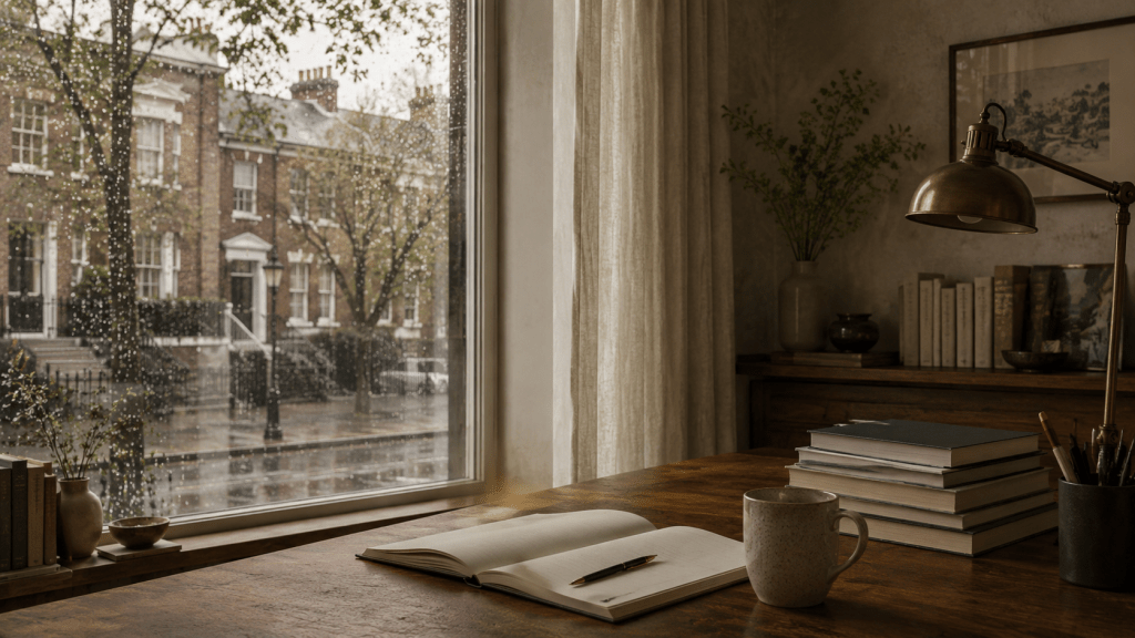 A quiet reading and writing desk with books and soft window light, representing English essays about Chinese thinking, family, education, and life between cultures.