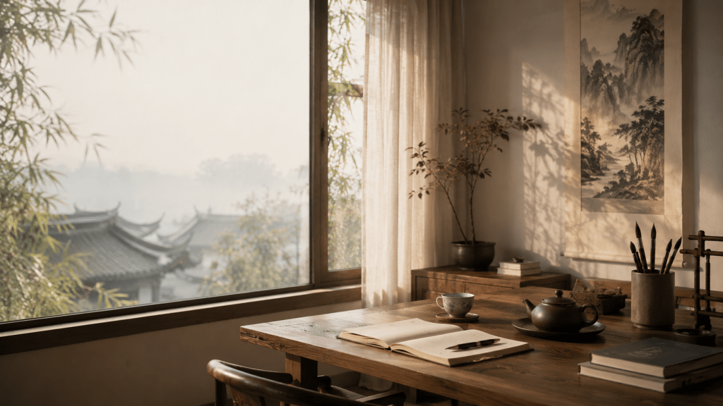 A quiet Chinese-inspired writing space with books, tea, and soft light, representing Chinese essays about family, culture, memory, and life between China and Germany.