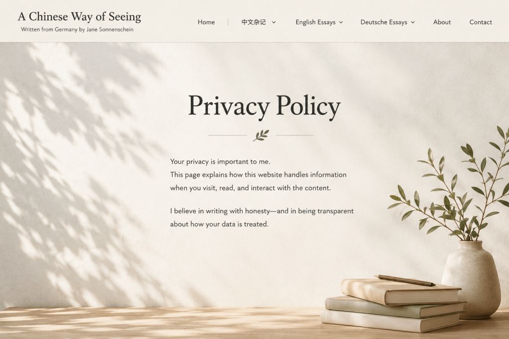 A calm minimalist writing desk with soft light and leaves, representing the privacy policy page of A Chinese Way of Seeing.