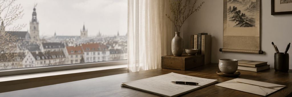 A quiet desk with papers and an envelope by a window in Germany, representing the legal notice page of A Chinese Way of Seeing.