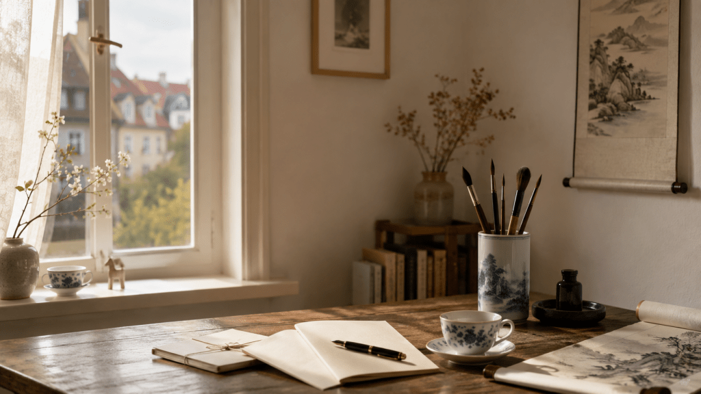 A warm writing desk with an open notebook, tea, and brushes, representing a quiet contact page for readers of A Chinese Way of Seeing.