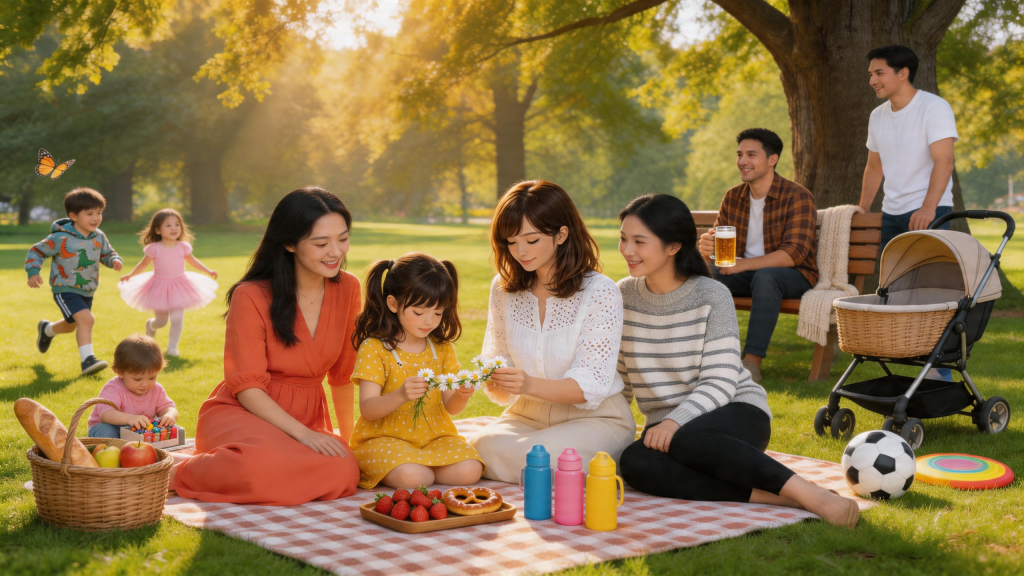 Several mothers and children gathering for a sunny park picnic while other children play nearby, representing multilingual families raising children in Germany.