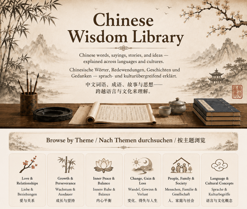 A Chinese Wisdom Library banner with traditional ink-wash mountains, bamboo, plum blossoms, calligraphy tools, books, and six trilingual theme categories for exploring Chinese words, sayings, stories, and cultural ideas.