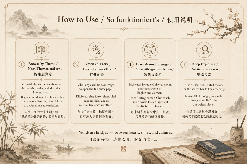 A trilingual “How to Use” guide for the Chinese Wisdom Library, explaining how to browse themes, open entries, learn across Chinese, English, and German, and continue exploring related content.