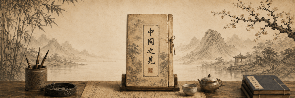 A traditional Chinese-style library scene with a vertically displayed antique book titled “中国之见” (A Chinese Way of Seeing), surrounded by ink-wash mountains, bamboo, plum blossoms, calligraphy brushes, an inkstone, tea, and thread-bound books.