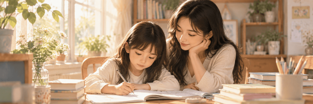 A mother sits beside her daughter at a sunlit desk while the child writes in a workbook, capturing a calm moment of patient guidance and focused learning.