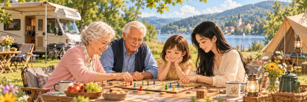 A warm lakeside camping scene in soft daylight, showing a woman, a young girl, and two elderly people sitting around a table and playing a board game together, with a camper van and tents in the background.