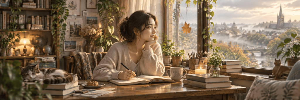 A warm, sunlit writing scene with an East Asian woman sitting by a window, notebook open in front of her, reflecting quietly as everyday life becomes a source of thought and writing.