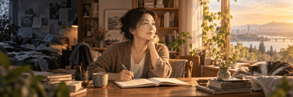 A warm, sunlit scene of an East Asian woman writing quietly by a window, reflecting on her life as soft evening light fills the room.