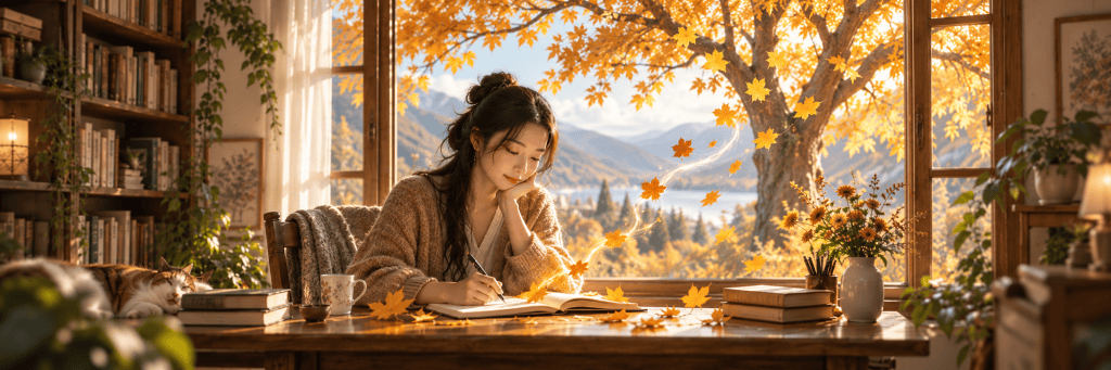 A warm autumn writing scene with an East Asian woman sitting by a large window, writing in a notebook as golden leaves drift outside and a tree fills the view.