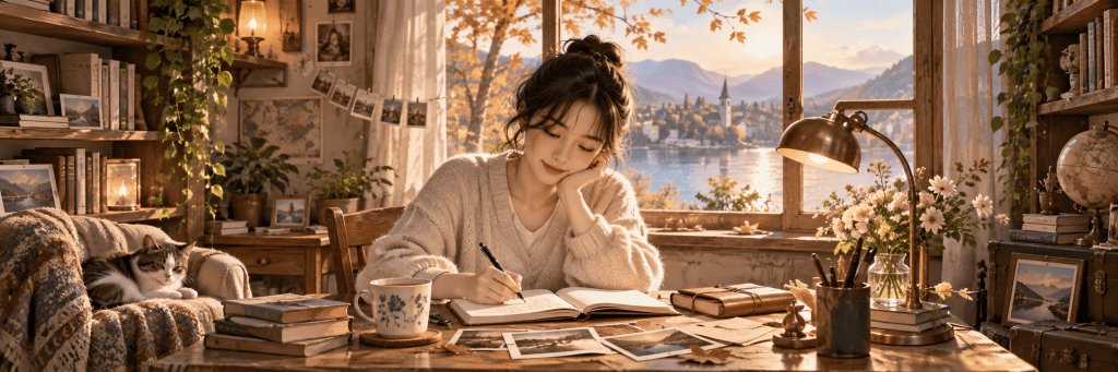 A woman writing at a wooden desk in a warm autumn room, surrounded by old photographs, books, and memories, with a quiet lake and mountains outside the window.