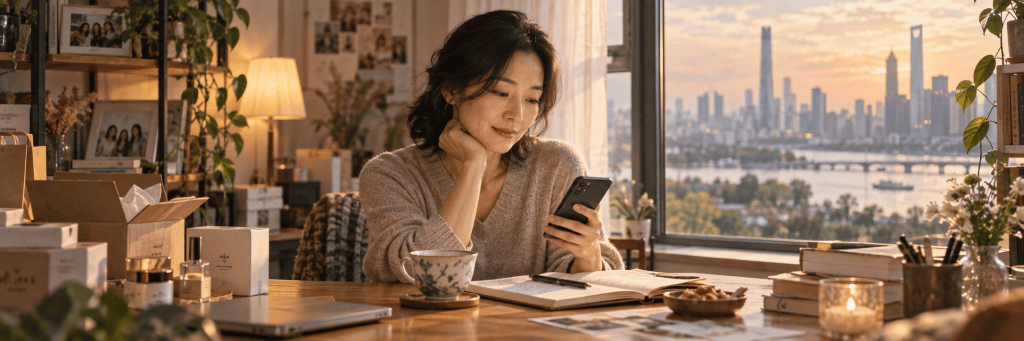 A woman sits quietly by a window at sunset in a cozy home interior, surrounded by warm light and everyday objects, creating a calm and reflective atmosphere.