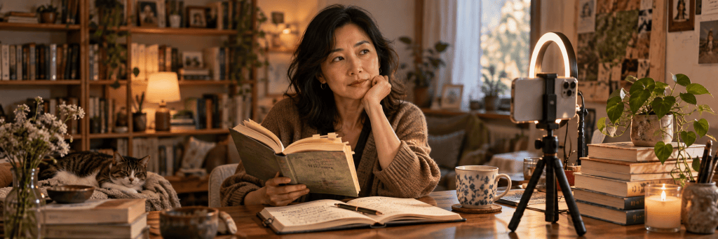 A thoughtful woman sits at a wooden table in a warm, book-filled room, holding an open book beside a notebook, while a smartphone on a tripod suggests the overlap between private reading and online self-presentation.