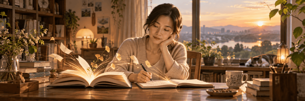 A woman sits at a wooden desk in a warm, book-filled room, reading and writing notes as glowing pages seem to flow from an open book, symbolizing how reading becomes personal thought rather than simple quotation.