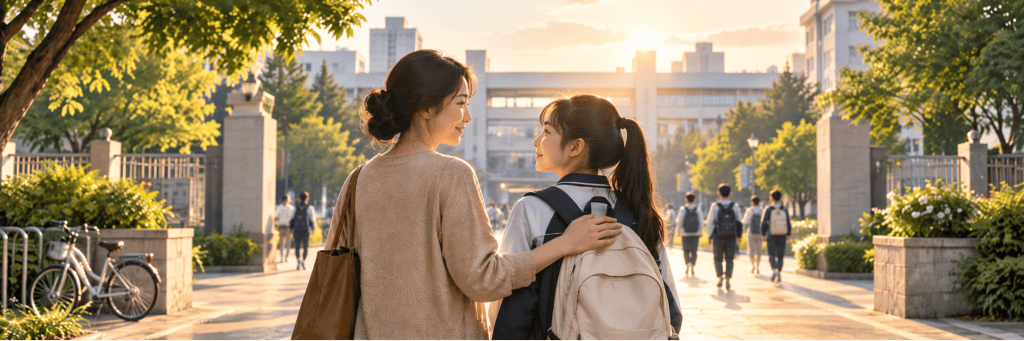 A mother and her school-age daughter walk together toward a school campus in warm morning light, with the mother gently resting a hand on her daughter’s shoulder as other students enter ahead.