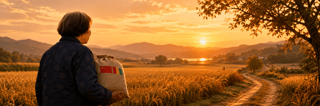 An elderly woman holds a sack of rice in a golden rice field at sunset, looking toward distant mountains, symbolizing the legacy of Yuan Longping’s hybrid rice work and the hope it continues to carry across borders.